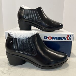 ROMIKA NEW Daisy Black Leather Slip On Booties Shoes Heeled Boho Eu 37 US 6-6.5